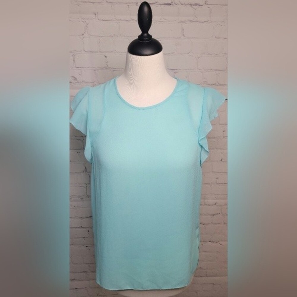 ZOA New York Shear Blouse Sz S Short Ruffled Flutter Sleeves Keyhole Back Teal